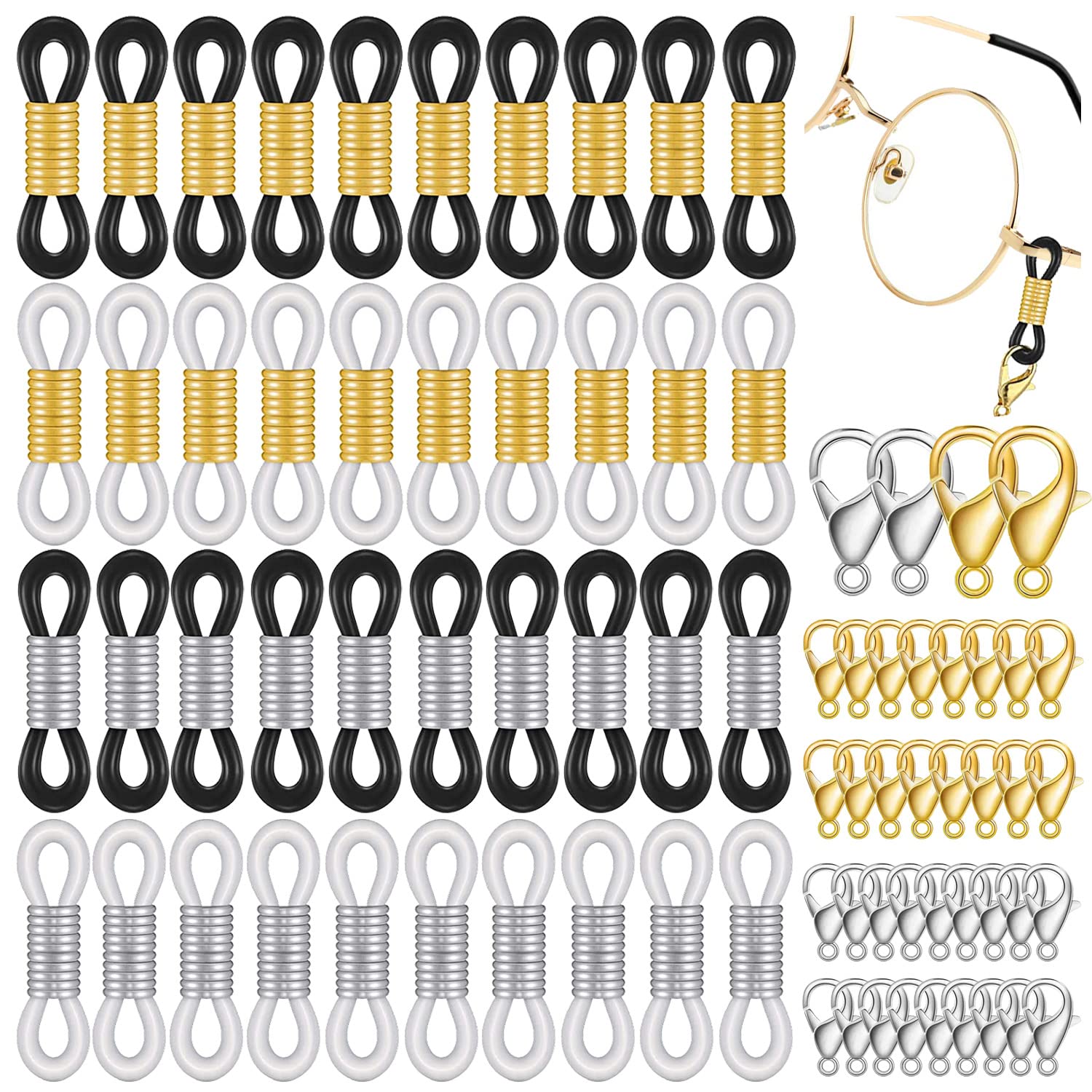 81iXsCTZubL اطراف سلسلة النظارات، موصل سلسلة النظارات، 200 قطعة من موصلات نهايات مطاطية زنبركية قابلة للتعديل، 100 مشبك لوبستر لحزام النظارات، حامل النظارات، حزام النظارات الشمسية، موصل قناع الوجه،