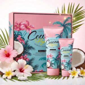 مجموعة هدايا العناية بالبشرة والشفاه من جوز الهند - لوشن للجسم لتغذية وتنعيم البشرة، كريم لليدين لاصلاح الخشونة وحبس الرطوبة، مرطب شفاه لتنعيم الشفاه الجافة، عطر جوز الهند الطبيعي