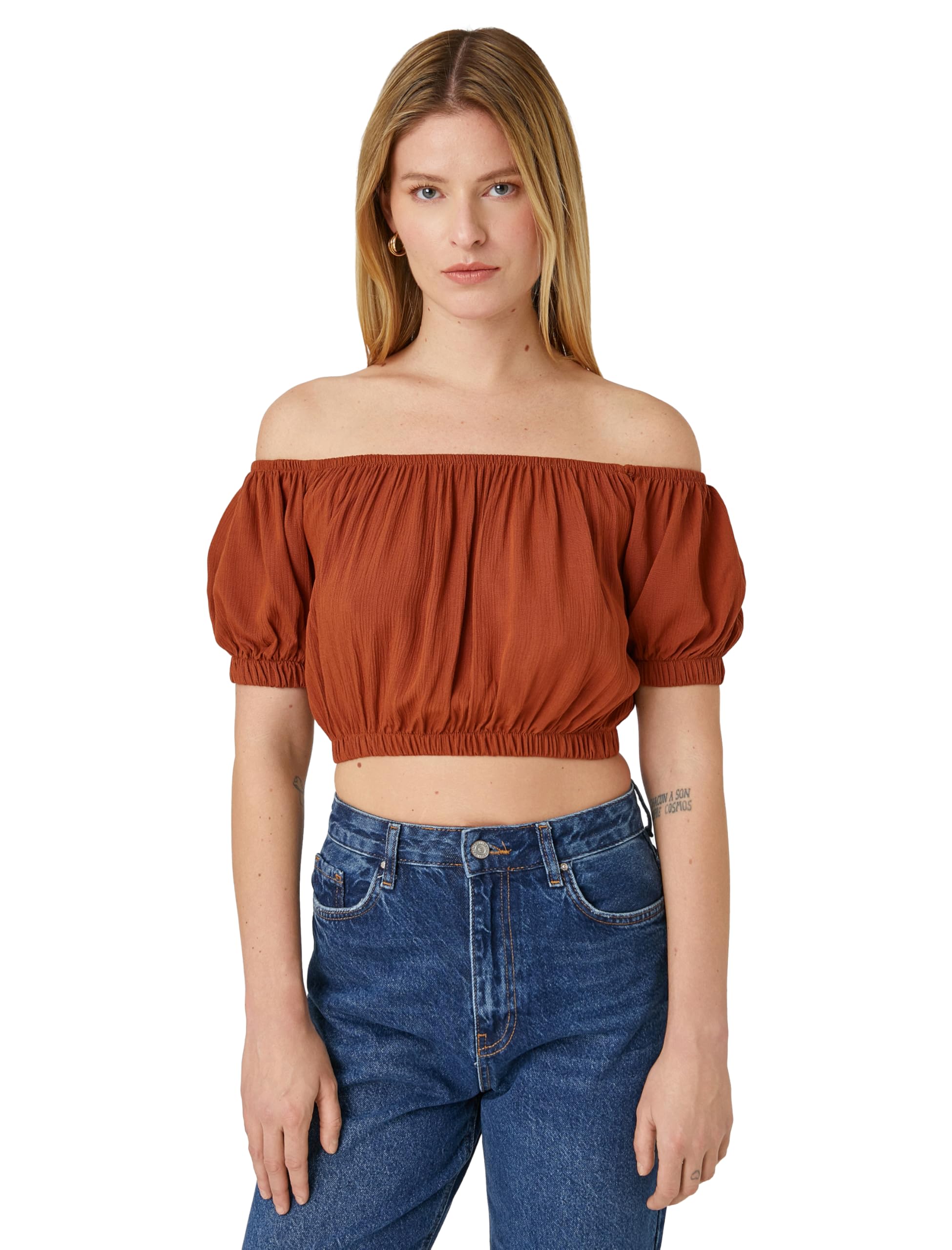 81tEZuFKCcL بلوزة قصيرة مكشوفة الكتفين للنساء من كوتون، توب كات مزين بتفاصيل أستك