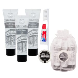 7 قطع من حقائب مستلزمات العناية الشخصية للسفر للنساء والرجال - مستلزمات العطلات بما في ذلك فرشاة اسنان للسفر، معجون اسنان صغير، مجموعة شامبو وبلسم صغير 30 مل، جل استحمام 30 مل، صابون 15 غرام في شنطة