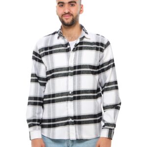 ريفين قميص تارتان قطن باكمام طويلة للرجال - ابيض واسود عصري