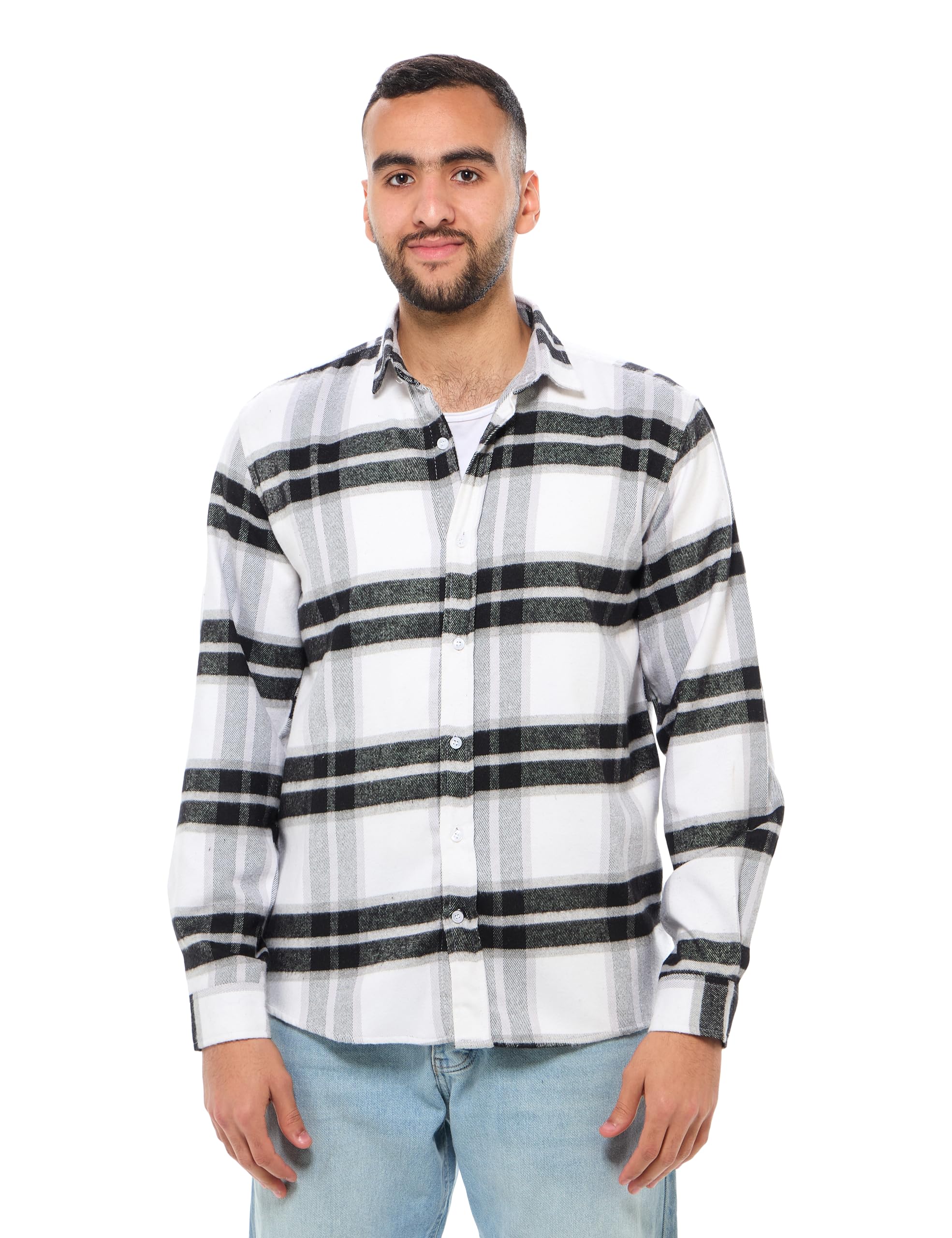 81y74tgl8NL ريفين قميص تارتان قطن باكمام طويلة للرجال - ابيض واسود عصري