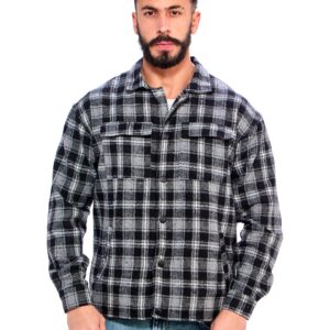 قميص شتوي ثقيل كاروهات بأزرار كبس للرجال من ريفين، رمادي غامق وأسود عصري