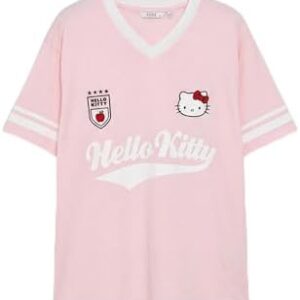 LC واكيكي تي شيرت نسائي برقبة على شكل حرف V مطبوع عليه Hello Kitty