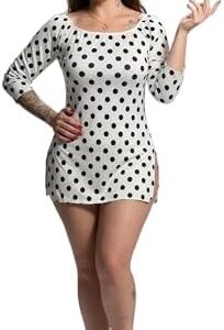 MANIKAN Women's Polka Dot Mini Dress, White and Black, Long Sleeve, Off-Shoulder, Side Slit