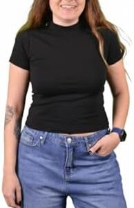 Basic Wear Women's Cotton Lycra Body Top, High-Neck Short Sleeves, S/M/L/XL, Off-White/Black, 95% Cotton 5% Lycra, Slim Fit, Breathable Stretchable