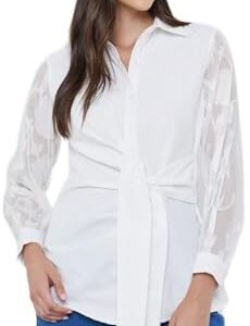 Styli Women Front Knot Lace Long Sleeve Buttoned Shirt -