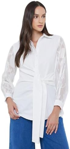 3180fenWTcL._AC_SR38 Styli Women Front Knot Lace Long Sleeve Buttoned Shirt -