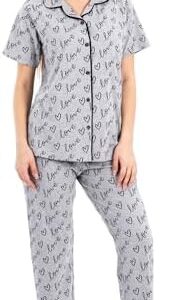 طقم بيجامة قطن كلاسيكي مكون من بلوزة نصف كم وبنطلون بطبعة قلب، ملابس نوم خفيفة الوزن وأنيقة للنساء