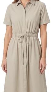 Women's Midi Shirt Dress, Short Sleeve, Drawstring Waist, Collared, -200