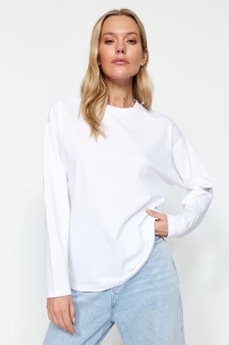 31Spi0oKf-L._AC_SR38 تيشيرت أساسي TWOAW24TS00013 للنساء منسوج ومصنوع من القطن بنسبة 100% برقبة دائرية ضيقة وأكمام طويلة وقصة عادية من ترنديول، بلون أبيض (عبوة من 1 قطعة) - الصورة 4