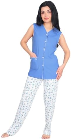 31TAyqsP2ZL._AC_SR38 بيجاما حريمي، قميص نوم بلا أكمام مع بنطلون بطبعة زهور، بوليستر، ألوان أوردي وأزرق