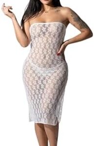 MANIKAN Women's Sheer Lace Strapless Midi Dress, White, Floral Pattern, Bodycon Fit, Side Slit