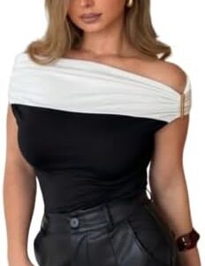 SHEIN Women Top Black and White Pleated Off Shoulder Slim Fit Blouse Minimalist Short Sleeve Cropped T-Shirt Elegant Ruched Backless