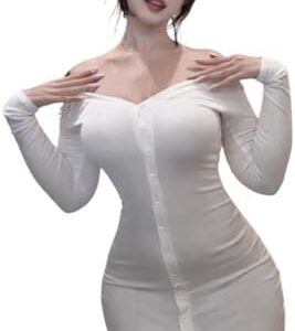 Lingerie Off-Shoulder Bodycon Dress, White, Long Sleeve, Button-Front, New Collection 2025