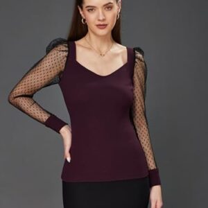 بلوزة سادة بقصة عادية وقبة V واكمام طويلة وقصة مريحة للنساء من ميس اوليف موديل (MOSS22TP14-16-268)