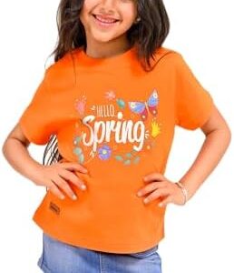 تيشرت كاجوال من القطن مطبوع بعبارة Hello Spring بتصميم زهور للأطفال، متوفر باللون الرمادي والبرتقالي والوردي