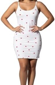 MANIKAN Women's Bodycon Mini Home Dress, White with Red Heart Print, Spaghetti Strap, Scoop Neck, Casual Style