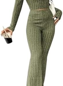 Generisch Women's 2-Piece Set, Knitted Jumper and Trousers, Leisure Suit, Trouser Suit, Rib Knit Tops, Crop Tops, Long Sleeve, Wide Trousers, Ribbed Leisure Suit, Women's Leisure Suit