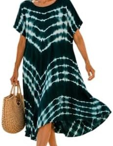 Indian Women's Tie-Dye Midi Dress, Teal, Short Sleeve, Loose Fit, Lightweight, One Size Fits Most