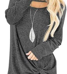 Generisch Long Sleeve Blouse for Women, Long T-Shirt, Knotted, Blouses, Pullover, Asymmetrical, Tunic, Denim Blouse for Women