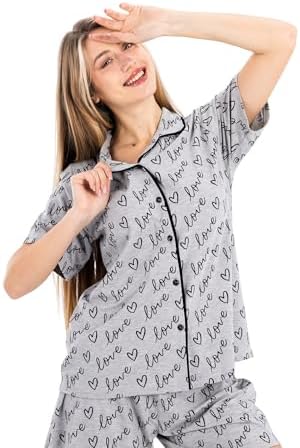 418qghm-c4L._AC_SR38 طقم بيجامة قطن كلاسيك للنساء مع بلوزة نصف كم وشورت، ملابس نوم صيفية خفيفة الوزن من قطعتين بطباعة قلب - الصورة 3