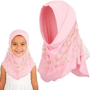 حنايا® حجاب بالاكلافا بتغطية كاملة للبنات الصغيرات، غطاء راس دانتيل مزين بالزهور الوردية، وشاح صلاة اسلامي ناعم، غطاء راس اسلامي للمدرسة والمسجد والاستخدام اليومي