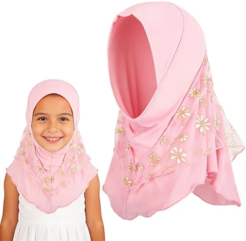 419oKMWRjUL._AC_SR38 حنايا® حجاب بالاكلافا بتغطية كاملة للبنات الصغيرات، غطاء راس دانتيل مزين بالزهور الوردية، وشاح صلاة اسلامي ناعم، غطاء راس اسلامي للمدرسة والمسجد والاستخدام اليومي