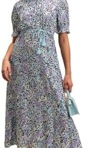 Vishudh Women Floral Printed Puff Sleeves A-Line Midi Dress,Blue,L