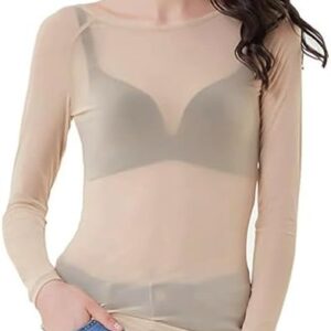 Hiseng Women's Transparent Long Sleeve T-Shirt, Spring Autumn Blouses Mesh T-Shirt, Solid Colour Women's Top, Tulle Crop Netzoberteil Mesh Top for Clubwear