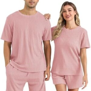 طقم بيجامات نوم متطابقة للأزواج، بيجامة منسوجة مضلعة بأكمام قصيرة، ملابس نوم ناعمة من قطعتين من ايشوبير، S-XXL