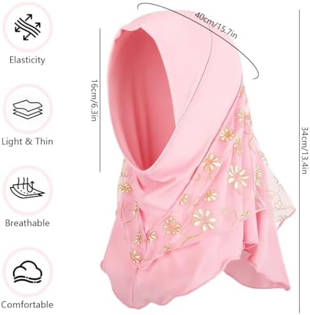 41RUBwbJe1L._AC_SR38 حنايا® حجاب بالاكلافا بتغطية كاملة للبنات الصغيرات، غطاء راس دانتيل مزين بالزهور الوردية، وشاح صلاة اسلامي ناعم، غطاء راس اسلامي للمدرسة والمسجد والاستخدام اليومي - الصورة 2