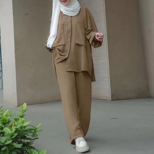 41SqerHxebL._AC_SR38 طقم رياضي بنمط إسلامي مكون من بلوزة بأكمام طويلة وسروال بأرجل واسعة بتصميمات تركية، طقم قفطان خريفي سادة للنساء بتصميم متطابق من اوديزلي - عبوة من 2 قطعة - الصورة 2