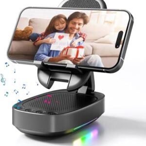حامل موبايل مع مكبر صوت بلوتوث لاسلكي، مع مكبر صوت محيطي عالي الدقة باضاءة LED للاجواء المحيطية، للمنزل والمكتب، متوافق مع ابل/ايباد تابلت/سلسلة جالاكسي، مثالي للمنزل والخارج