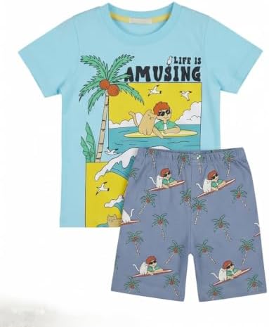 41bh3zqCgyL._AC_SR38 Zona Kids Boys Summer Pajama Set – 2 Piece Tropial Print T-Shirt and Shorts – Soft 100% Cotton Casual Toddler & Little Boys Clothes - الصورة 2