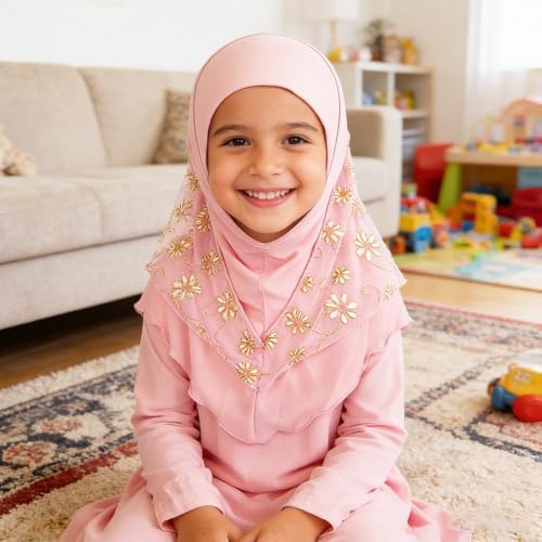 41cw-XJcp8L._AC_SR38 حنايا® حجاب بالاكلافا بتغطية كاملة للبنات الصغيرات، غطاء راس دانتيل مزين بالزهور الوردية، وشاح صلاة اسلامي ناعم، غطاء راس اسلامي للمدرسة والمسجد والاستخدام اليومي - الصورة 7