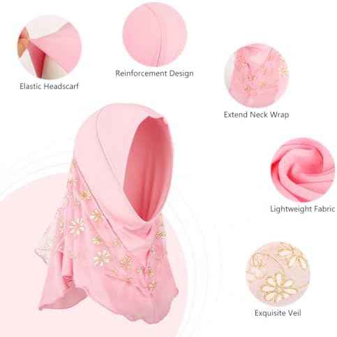 41d7-LSEx5L._AC_SR38 حنايا® حجاب بالاكلافا بتغطية كاملة للبنات الصغيرات، غطاء راس دانتيل مزين بالزهور الوردية، وشاح صلاة اسلامي ناعم، غطاء راس اسلامي للمدرسة والمسجد والاستخدام اليومي - الصورة 4