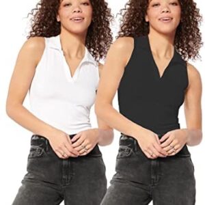 بلوزة بدون أكمام من نسيج مضلع سادة بتصميم بسيط بياقة بولو وقصة ضيقة للنساء والبنات من شاسمي