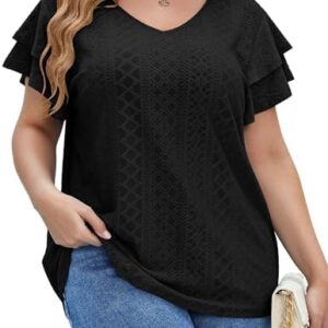 تي شيرت نسائي مقاس كبير بقبة V من تيريفي، بلوزة كاجوال صيفية فضفاضة باكمام مكشكشة (2XL)