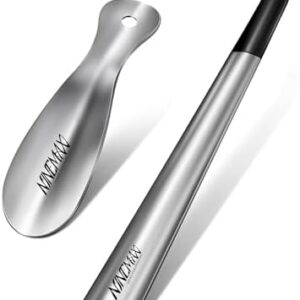 NINEMAX Metal Shoe Horn, 42 CM Long Shoehorn 19 CM Short Shoe Spoon, Stainless Steel Shoes Stick Helper Lifter with Hook Handle for Men Women Seniors Kids Pregnancy