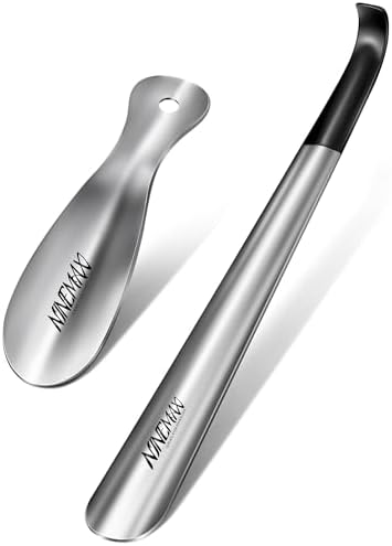 41kMN6gXP-L._AC_US NINEMAX Metal Shoe Horn, 42 CM Long Shoehorn 19 CM Short Shoe Spoon, Stainless Steel Shoes Stick Helper Lifter with Hook Handle for Men Women Seniors Kids Pregnancy