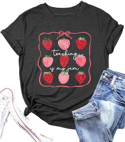 51-L-9flNL._AC_SL1500_ تي شيرت للمعلمات النساء بطبعة "Teaching is My Jam" وفراولة بأكمام قصيرة لموضوع العودة إلى المدرسة وحياة التدريس، تيشيرتات وتوبات - الصورة 4