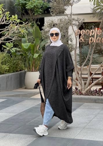 51-tesu2GLL._AC_SR38 عباية نسائية من عبايه و جلباب، مصنوعة من القطن المخلوط، باللون الرمادي، مقاس شتوي، بتصميم محتشم - الصورة 4