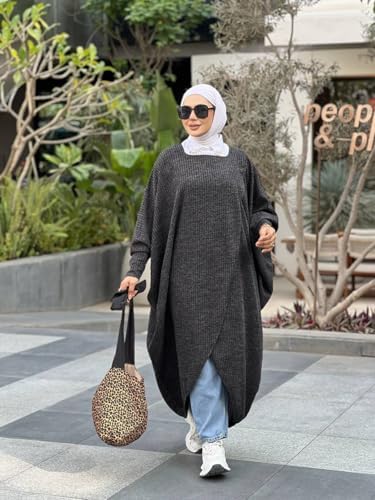 5146-gMmmPL._AC_SR38 عباية نسائية من عبايه و جلباب، مصنوعة من القطن المخلوط، باللون الرمادي، مقاس شتوي، بتصميم محتشم - الصورة 7
