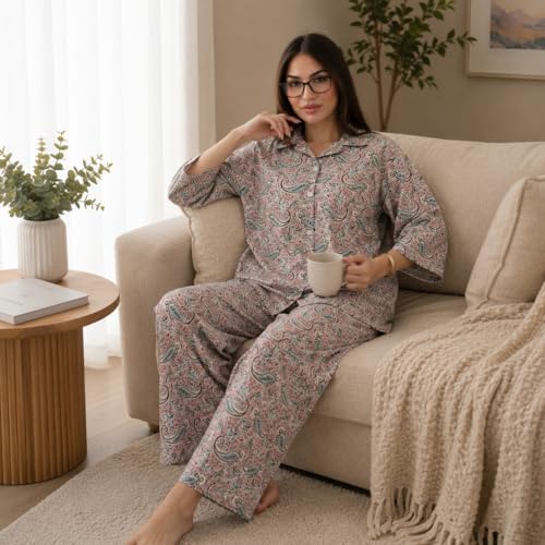 51FaA-aEQBL._AC_SR38 زدكوتكس طقم بيجامة كلاسيكية للنساء من القطن | طباعة بيزلي، كم 3/4 | مقاس مريح، ملابس نوم وملابس نوم | مقاسات S الى 2XL - الصورة 2