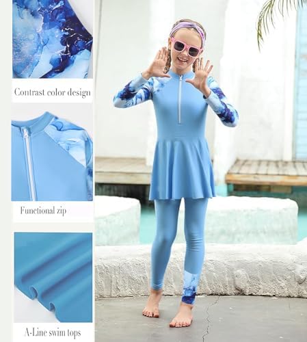 51QCl00Fw2L._AC_SR38 طقم ملابس سباحة بأكمام طويلة للبنات، بدلة سباحة بتصميم إسلامي محتشم بتغطية كاملة للحماية من الطفح الجلدي من بنانا هوم، لعمر 4 إلى 11 سنة، 3 قطع - الصورة 3