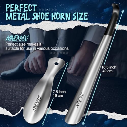 51Qm3yFO1QL._AC_US NINEMAX Metal Shoe Horn, 42 CM Long Shoehorn 19 CM Short Shoe Spoon, Stainless Steel Shoes Stick Helper Lifter with Hook Handle for Men Women Seniors Kids Pregnancy - الصورة 2