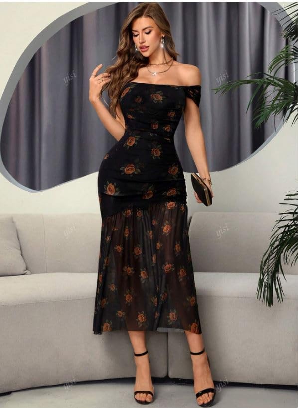 51Sn0CzT6oL._AC_SR38 فستان متوسط الطول مكشوف الكتفين، اسود مع طباعة وردة برتقالية، تصميم مكشكش - الصورة 5