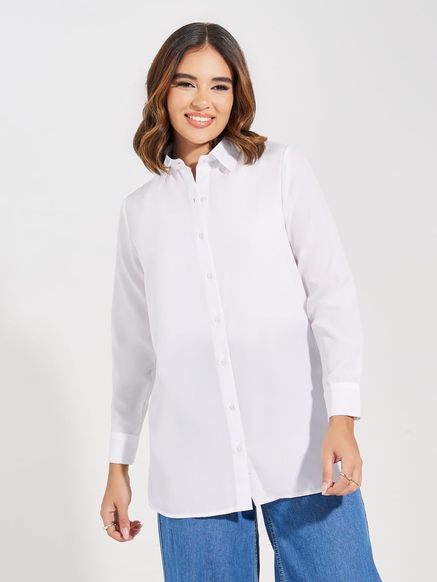 51W9OT5QFmL._AC_SL1500_ قميص طويل منسوج سادة مع فتحة بأزرار للنساء، مقاس XL، لون أبيض من ستايلي - الصورة 3