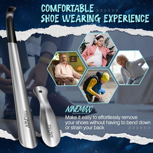 51f4VhG3E8L._AC_US NINEMAX Metal Shoe Horn, 42 CM Long Shoehorn 19 CM Short Shoe Spoon, Stainless Steel Shoes Stick Helper Lifter with Hook Handle for Men Women Seniors Kids Pregnancy - الصورة 5